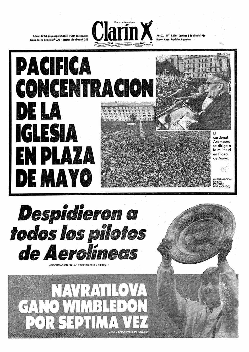 Primera plana del diario Clarín del 6 de julio de 1986. El día anterior la Iglesia Católica había convocado a marchar contra el Divorcio