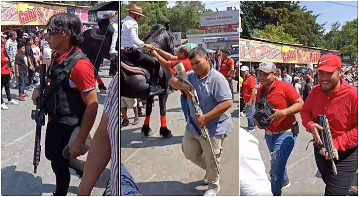 Vecinos de Soloma, Huehuetenango, participan en un desfile cívico portando armas de fuego y algunos montando a caballo. (Redes Sociales)