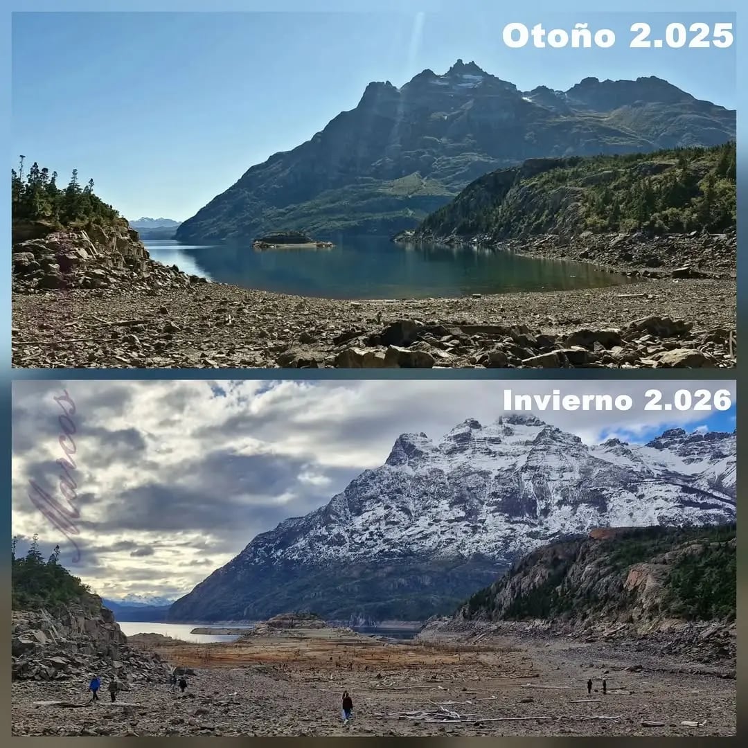 El embalse Amutui Quimey, en el Parque Nacional Los Alerces, registró una bajante de 20 metros respecto de su cota máxima esperada para la temporada invernal de 2026