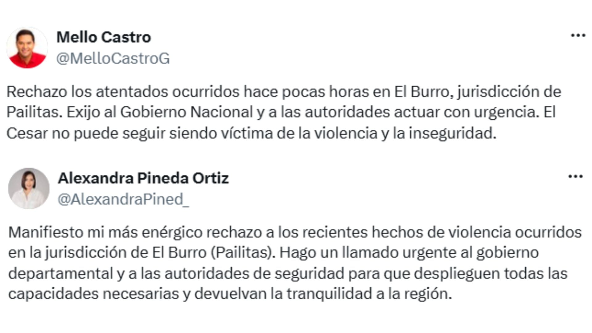 Los congresistas del Cesar expresaron su rechazo a los hechos y pidieron acciones de las autoridades para fortalecer la seguridad en la región. - crédito X