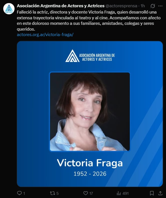El comunnicado de la entidad al conocerse el deceso de la actriz (X)