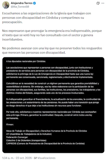 Captura de pantalla de una publicación en redes sociales con texto y un comunicado de organizaciones vinculadas a la discapacidad en Córdoba