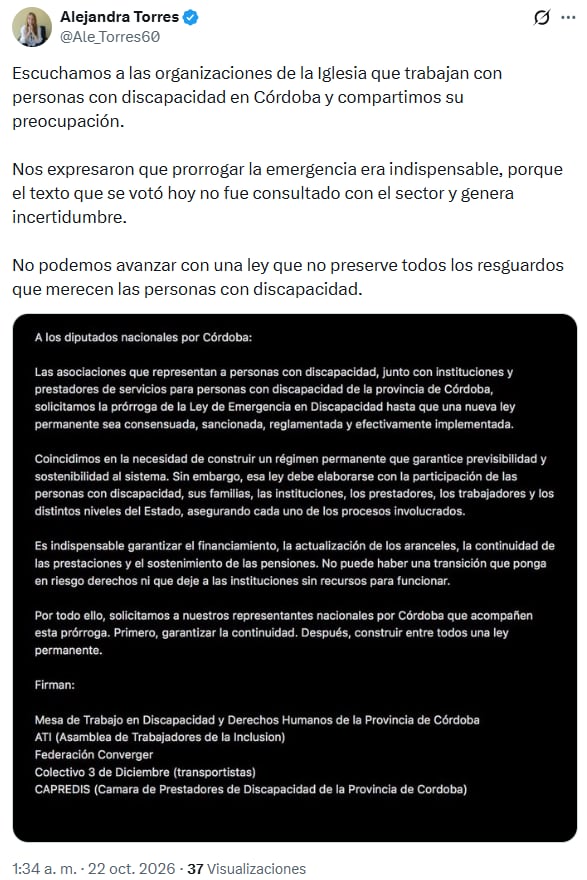 Una publicación de Alejandra Torres expone un comunicado de organizaciones de Córdoba que solicitan la prórroga de la ley de emergencia para el sector de discapacidad.