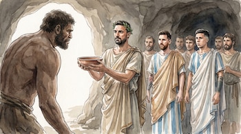 Acuarela de Lionel Scaloni con corona de laurel ofreciendo una copa a un cíclope en una cueva, acompañado por Lionel Messi, Enzo Fernández y otros hombres.