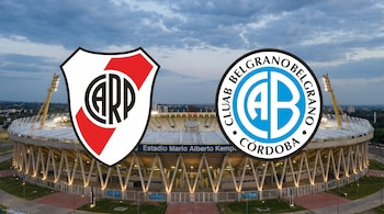 Vista aérea del Estadio Mario Alberto Kempes de Córdoba con el cielo nublado, y superpuestos los escudos de River Plate y Belgrano de Córdoba, uno frente al otro.