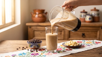 Una mano vierte líquido beige de una licuadora a un vaso, junto a un cuenco con granos de café y un plato con plátano picado sobre una mesa.
