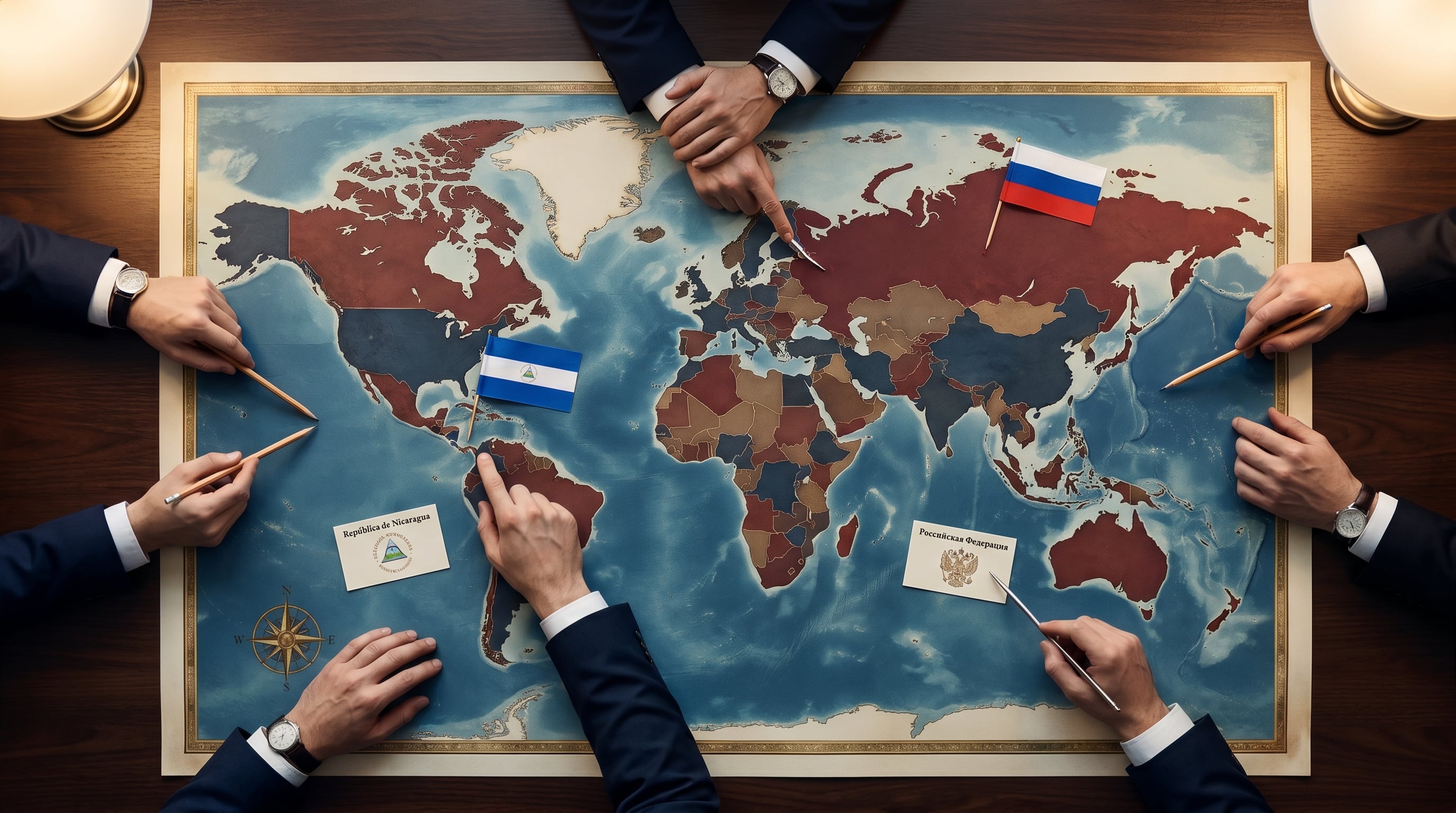 Manos de funcionarios señalan Nicaragua y Rusia en un mapa político mundial, con banderas y logos de ambos países, sugiriendo un análisis estratégico internacional. (Imagen Ilustrativa Infobae)
