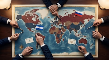 Vista cenital de un mapa político mundial en una mesa de madera. Varias manos señalan Nicaragua y Rusia con lápices y punteros, con banderas y tarjetas de logos.