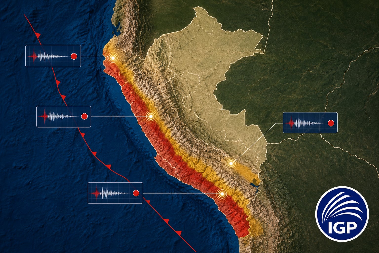 Un mapa del Instituto Geofísico del Perú señala el nivel de riesgo sísmico y la ubicación de cuatro epicentros recientes en el territorio peruano. (Imagen Ilustrativa Infobae)