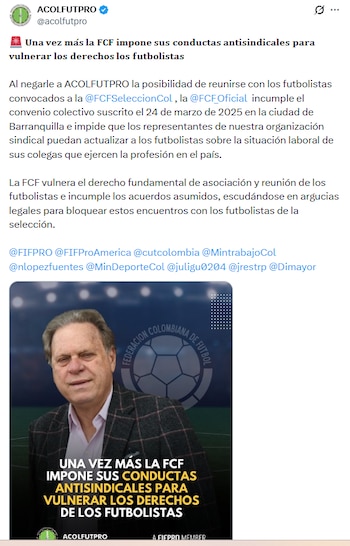 El gremio de futbolistas afirmó que la entidad liderada por Ramón Jesurún recurre de manera reiterada a argumentos jurídicos para impedir el ingreso de sus representantes a la concentración del equipo nacional - crédito @acolfutpro/X