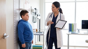 Un niño con sobrepeso parado frente a una tabla de medir estatura; una mujer médica sostiene una tableta con un gráfico y una cinta métrica en un consultorio.