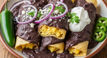 Plato de enfrijoladas cubiertas de salsa de frijol oscuro, rellenas de huevo revuelto, con adornos de cebolla morada, queso y crema, y jalapeños.