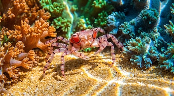 Cangrejo pequeño de patas rayadas sobre arena dorada rodeado por corales de tonos naranja, verde y azul.