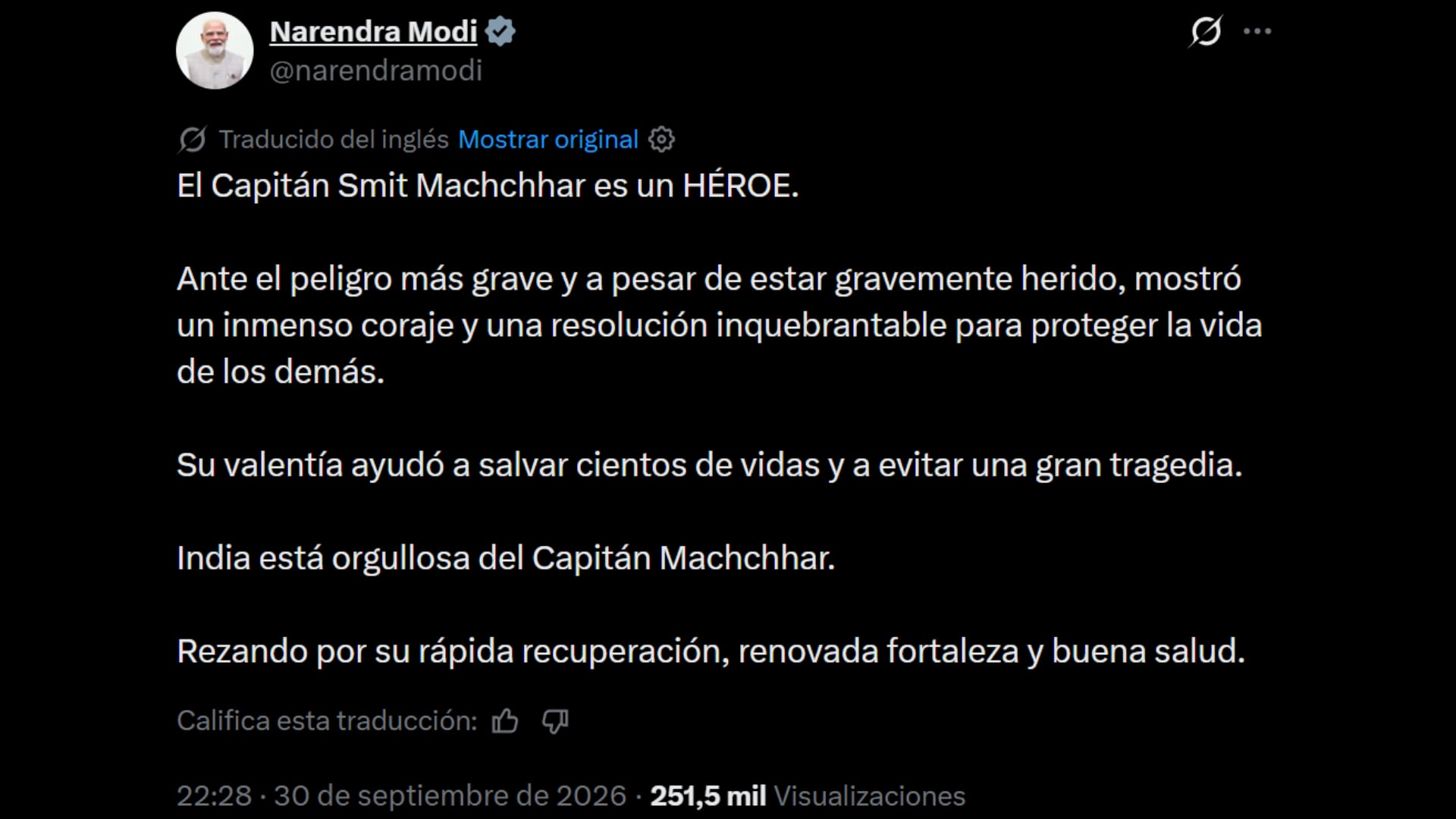 El mensaje de Narendra Modi para el hombre que fue atacado en el vuelo que iba en dirección a Israel (@narendramodi)