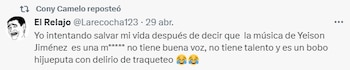 La actriz reposteó varios comentarios en contra del cantante - crédito Cony Camelo / X