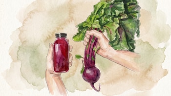 Ilustración en acuarela: una mano sostiene una botella de jugo de remolacha rojizo, la otra un manojo de remolachas frescas con hojas verdes. Fondo texturizado natural.