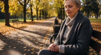 Una mujer mayor con cabello gris y un abrigo oscuro se sienta en un banco de parque, sus manos entrelazadas, con árboles de otoño y hojas amarillas de fondo.