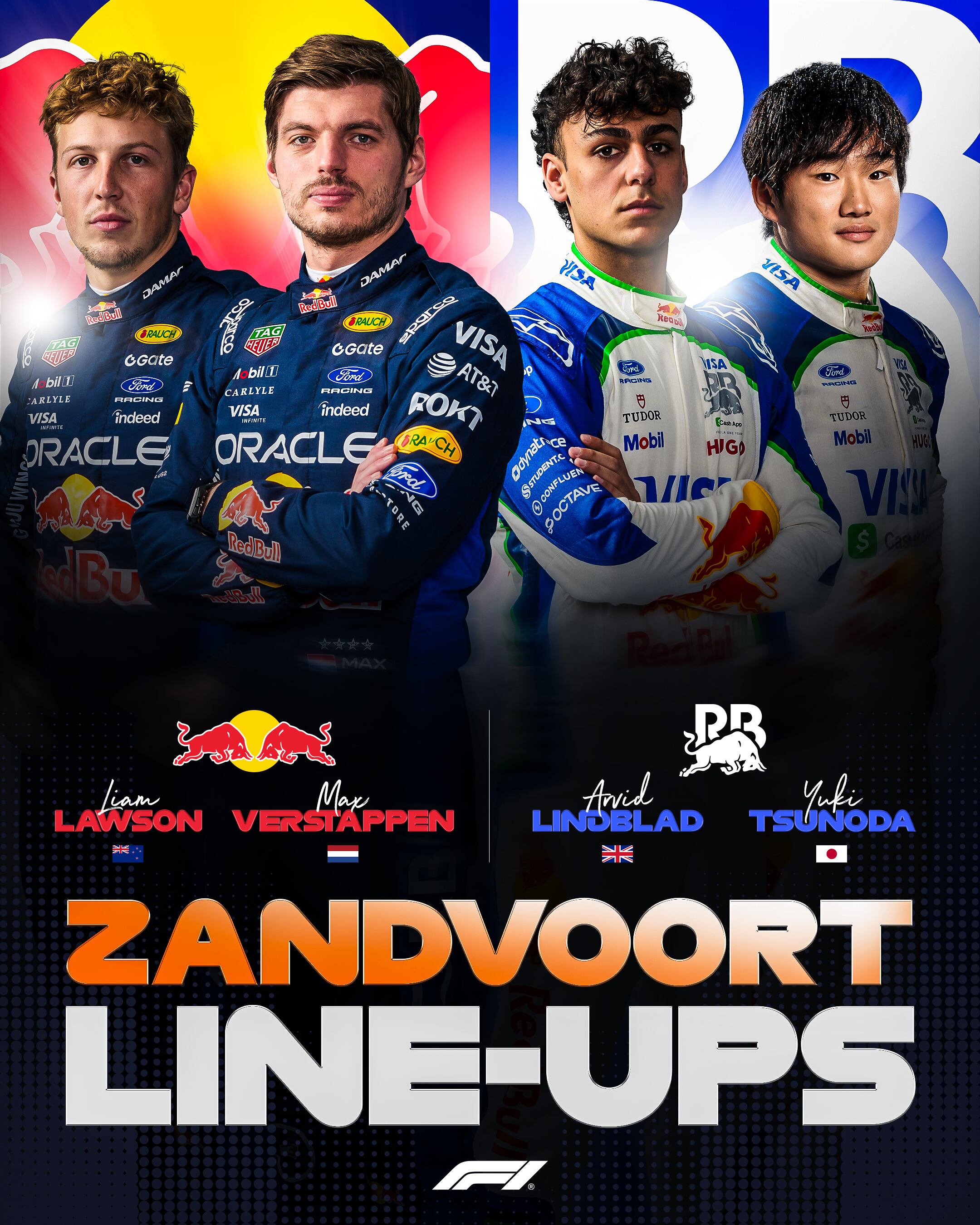 Liam Lawson correrá con Max Verstappen en Red Bull Racing y Arvid Linblad estará con Yuki Tsunoda en Racing Bulls (Foto: @F1)
