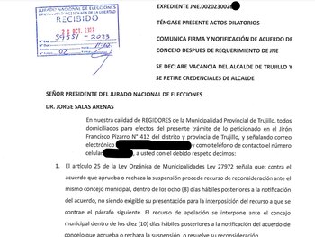 Documento enviado al JNE donde