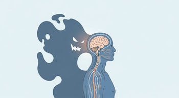 Ilustración de perfil de una persona con cerebro y nervios visibles, acechada por una sombra oscura con forma monstruosa y ojos blancos sobre un fondo azul claro.
