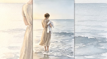 Ilustración en acuarela de una mujer con un vestido claro, parada en la orilla del mar de espaldas y sosteniendo una pequeña prenda blanca.