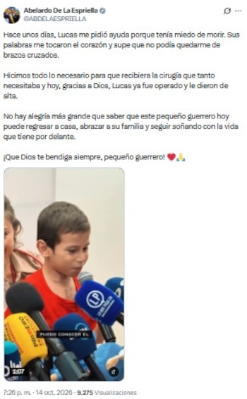 El presidente Abelardo de la Espriella celebró en sus redes sociales el alta médica del niño Lucas Murillo - crédito @ABDELAESPRIELLA/X