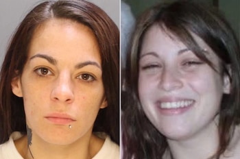 Dos retratos de mujeres con cabello oscuro, uno en formato de ficha policial y el otro sonriendo