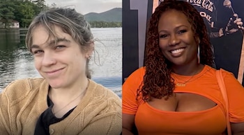 Dos personas sonrientes en una imagen dividida: una con cabello claro en un lago montañoso, la otra con cabello rizado y top naranja, con fondo de Coca-Cola.