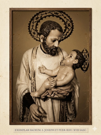 Fotografía sepia de una escultura de San José barbudo con aureola que carga al Niño Jesús, también con aureola, en un marco de madera. Texto al pie