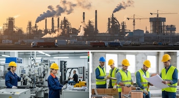 Imagen combinada con una planta industrial activa y obra en construcción arriba; abajo, trabajadores de manufactura y obreros de construcción en sus labores.