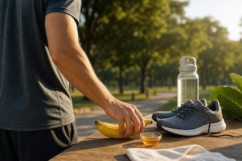 Una persona toma un plátano junto a un cuenco con miel, zapatillas de correr, una toalla y una botella de agua sobre una mesa en un parque.