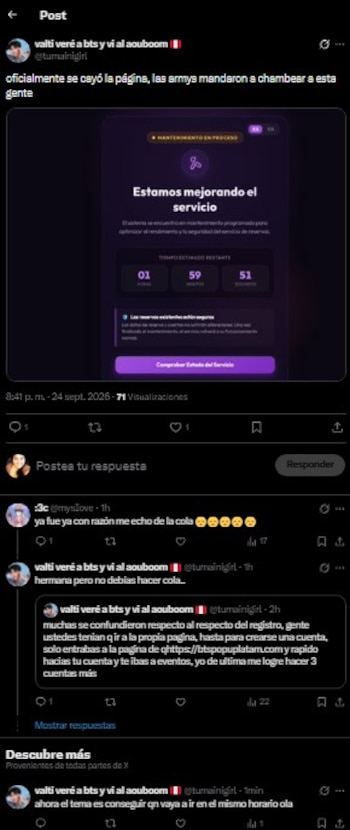 BTS POP-UP en Lima: página de reservas falla tras abrirse el registro y luego restablece su servicio. Captura: X.