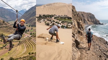 Composición de tres imágenes con personas practicando zipline en montaña, sandboard en dunas de desierto y senderismo por un acantilado costero