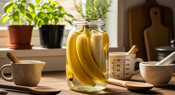 Frasco de vidrio transparente con bananas amarillas (algunas peladas) sumergidas en líquido claro sobre una mesa de madera, con utensilios y plantas al fondo.