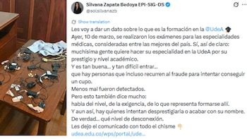 Más de 40 médicos aspirantes a especialidades en la Universidad de Antioquia fueron sorprendidos usando dispositivos tecnológicos para cometer fraude durante el examen de admisión - crédito @solsilvanazb/X