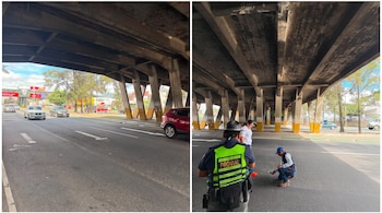 Dos imágenes que muestran un puente de concreto, vehículos en la carretera y un agente de Provial junto a inspectores sobre el asfalto.