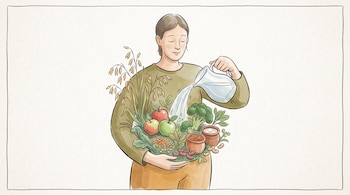 Una persona vierte agua de una jarra sobre varios alimentos como manzanas, brócoli, avena y legumbres situados en su abdomen.