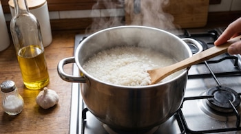 Una olla de metal con arroz blanco hirviendo y vapor sobre una estufa, con una mano removiendo con cuchara de madera. En la encimera hay aceite, sal y ajo.