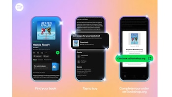 Una pantalla de teléfono móvil mostrando la aplicación Spotify con el audiolibro "Heated Rivalry" y opciones de compra de su versión física