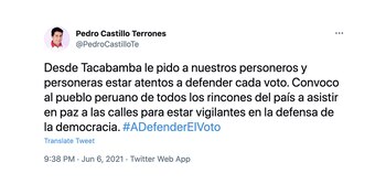 El tuit de Pedro Castillo