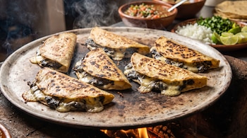 Seis quesadillas de maíz rellenas con queso y huitlacoche sobre un comal metálico. Al fondo, cuencos con salsa, cebolla picada y limones.
