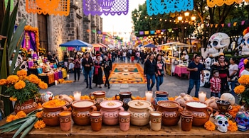Jarros y vasos de barro con bebidas, pan de muerto, flores de cempasúchil, calaveras de adorno, papel picado y personas en una calle decorada.