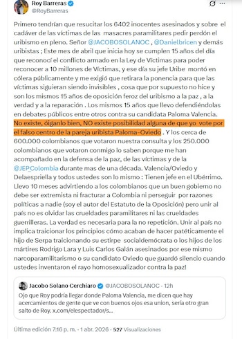 Roy Barreras rechazó de forma categórica cualquier acercamiento con Paloma Valencia y aseguró que las versiones carecen de sustento - crédito @RoyBarreras/X