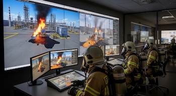 Bomberos industriales con trajes y máscaras frente a pantallas que muestran detalladas simulaciones de incendios en una planta industrial y fugas químicas.