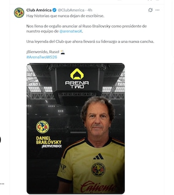 Esta é a nova localização do Russo Brailovsky (X/ @ClubAmerica)