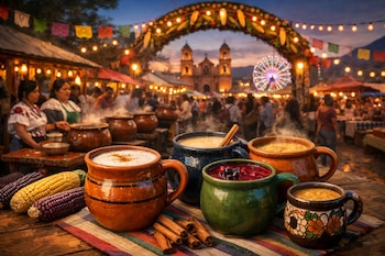 Cinco tazas de atole caliente con mazorcas de maíz y canela. Al fondo, una feria nocturna con luces, personas, puestos y una iglesia de dos torres.