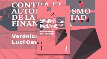 Portada de libro "Contra el autoritarismo de la libertad financiera", con texto, autores, gráficos y logo, sobre fondo coral. Fondo difuminado de la misma obra.
