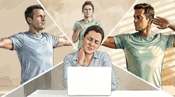 Ilustración de una mujer con dolor de cuello trabajando en una laptop, flanqueada por hombres estirándose y una mujer trotando, en un collage con fondo beige.