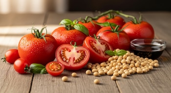 Tomates rojos frescos, enteros y cortados, con hojas de albahaca y un montón de soja seca sobre una mesa de madera. Un tazón pequeño con líquido oscuro a la derecha.