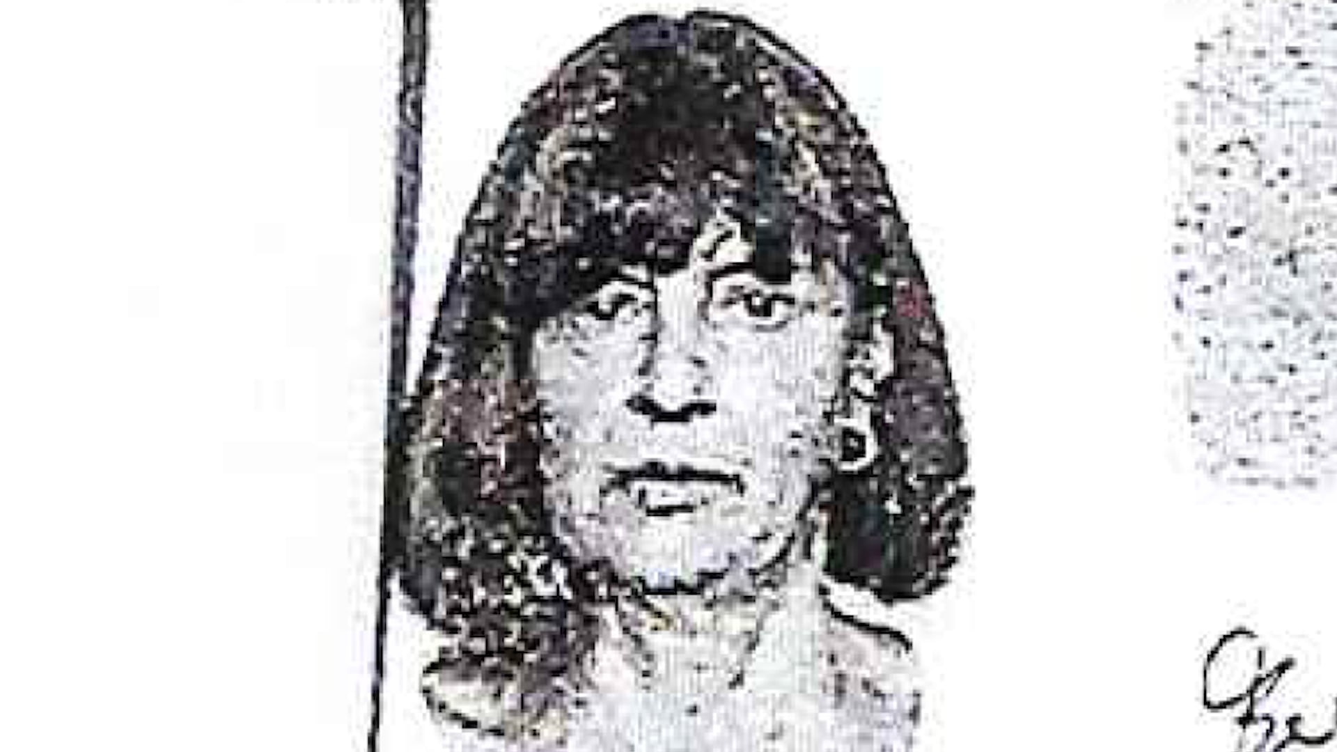 Un retrato hablado en blanco y negro ilustra los rasgos faciales de una mujer con flequillo y cabello a la altura de los hombros.